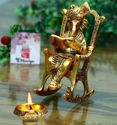 Golden Ganesha Statue Reading Ramayan – Metal Showpiece