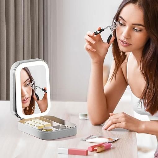 White Compact Makeup Vanity with LED Mirror