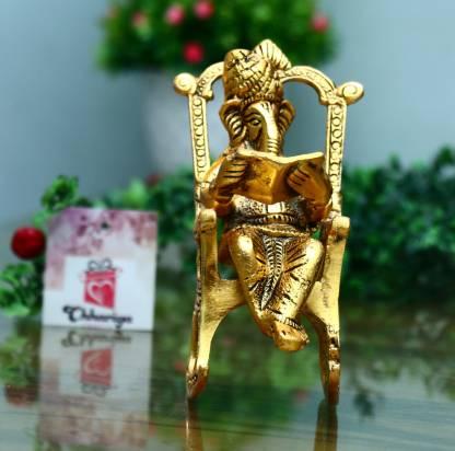 Golden Ganesha Statue Reading Ramayan – Metal Showpiece