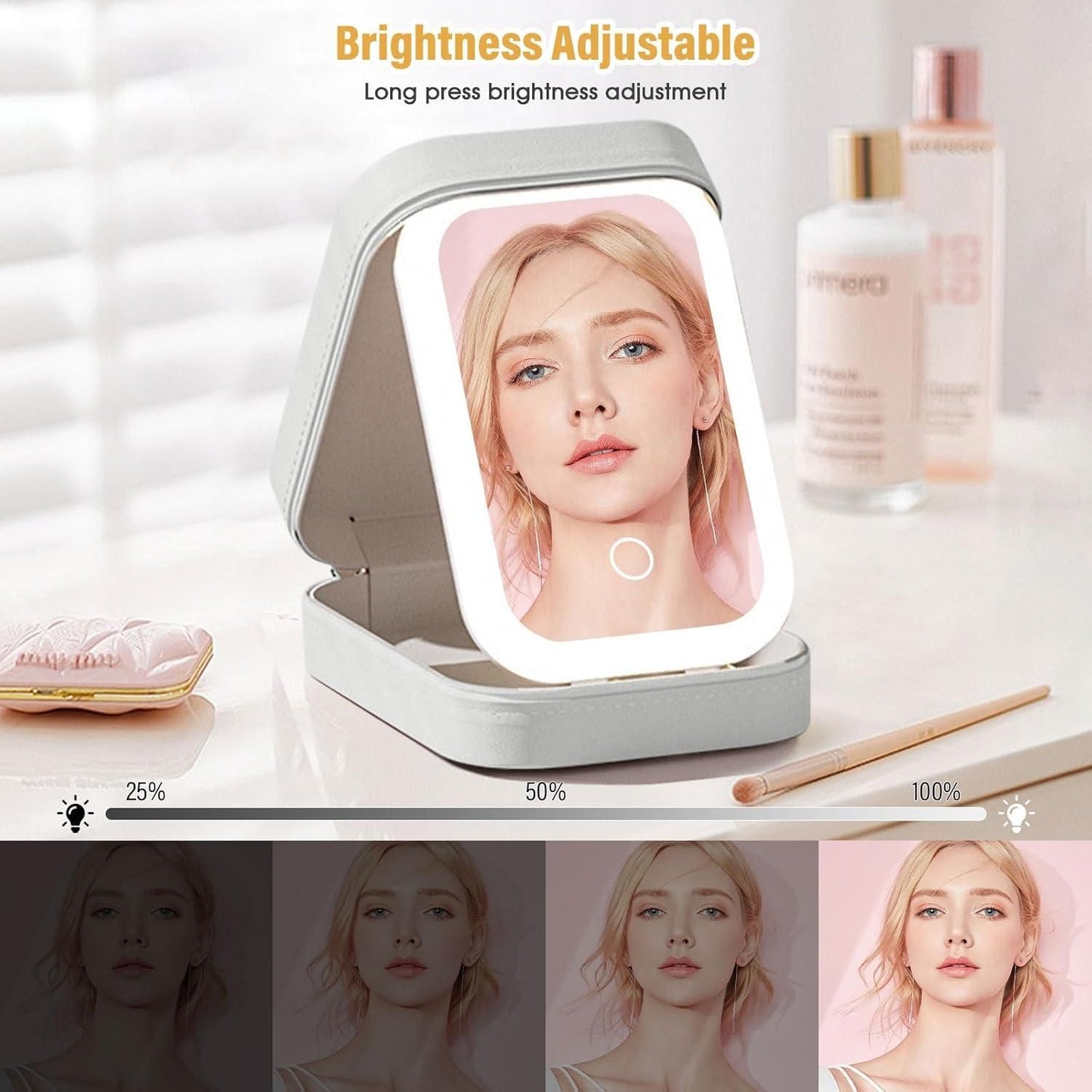 White Compact Makeup Vanity with LED Mirror