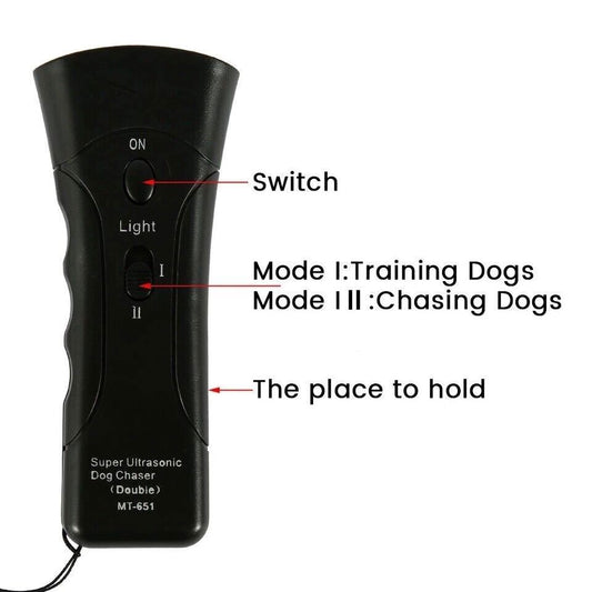 Ultrasonic Dog Chaser – Anti-Bark & Attack Control Device with Flashlight